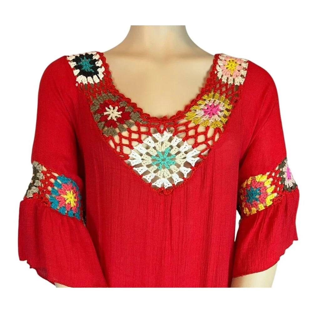 Dasayo Boho V-Neck Red Crochet Trim Swim Cover-up Size M Boho Grandmacore